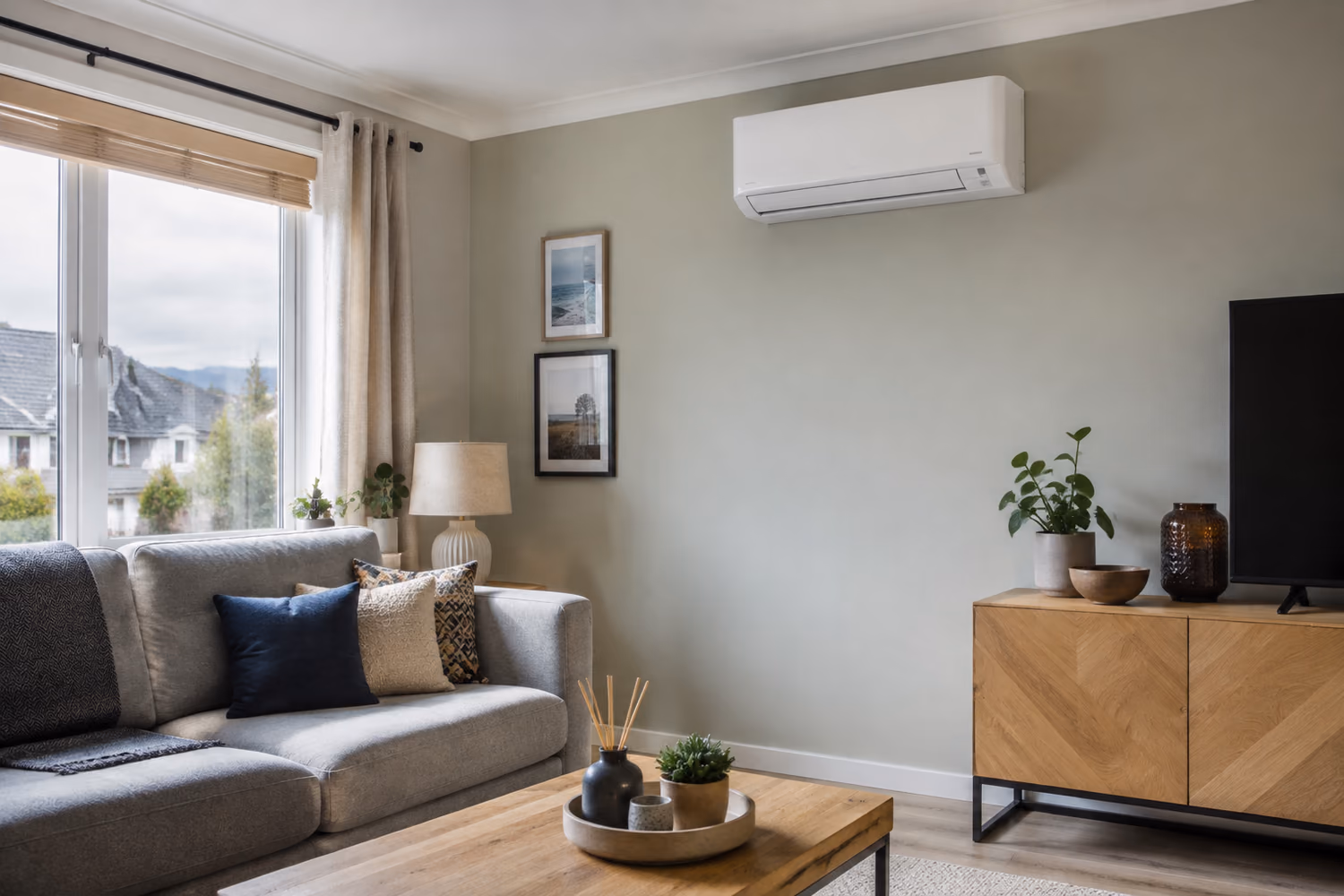 Wandklimaanlage in einem fertig eingerichteten Wohnzimmer aus einem Projekt von FLO Air Con